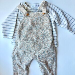 Zara Baby Knit Overalls & Striped Shirt Set – 1–3M